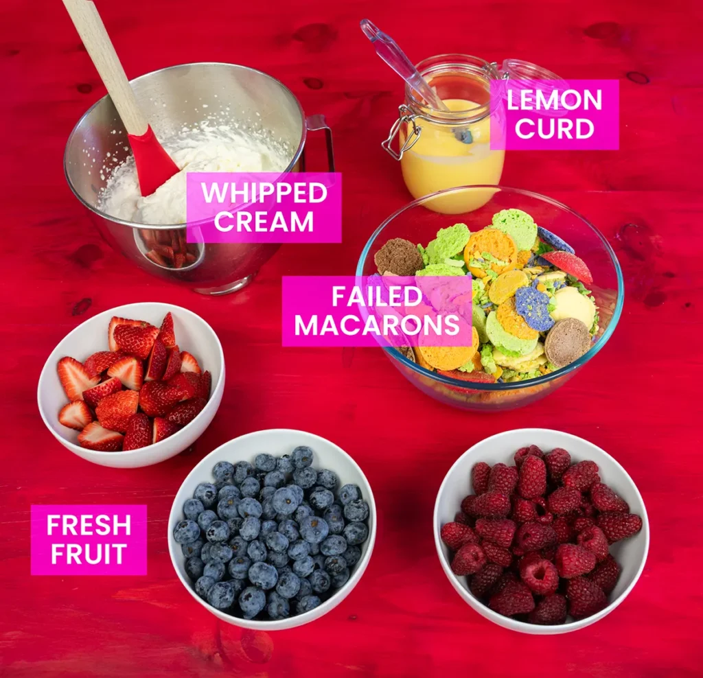 Ingredients for making fresh fruit trifle with macaron crumbles.