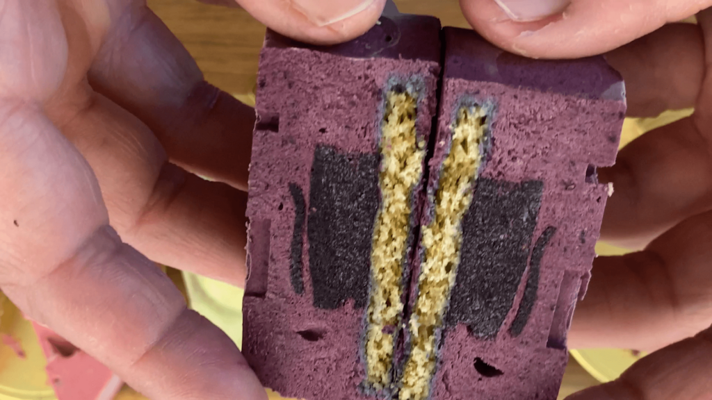 Cross section of blueberry mousse cake.