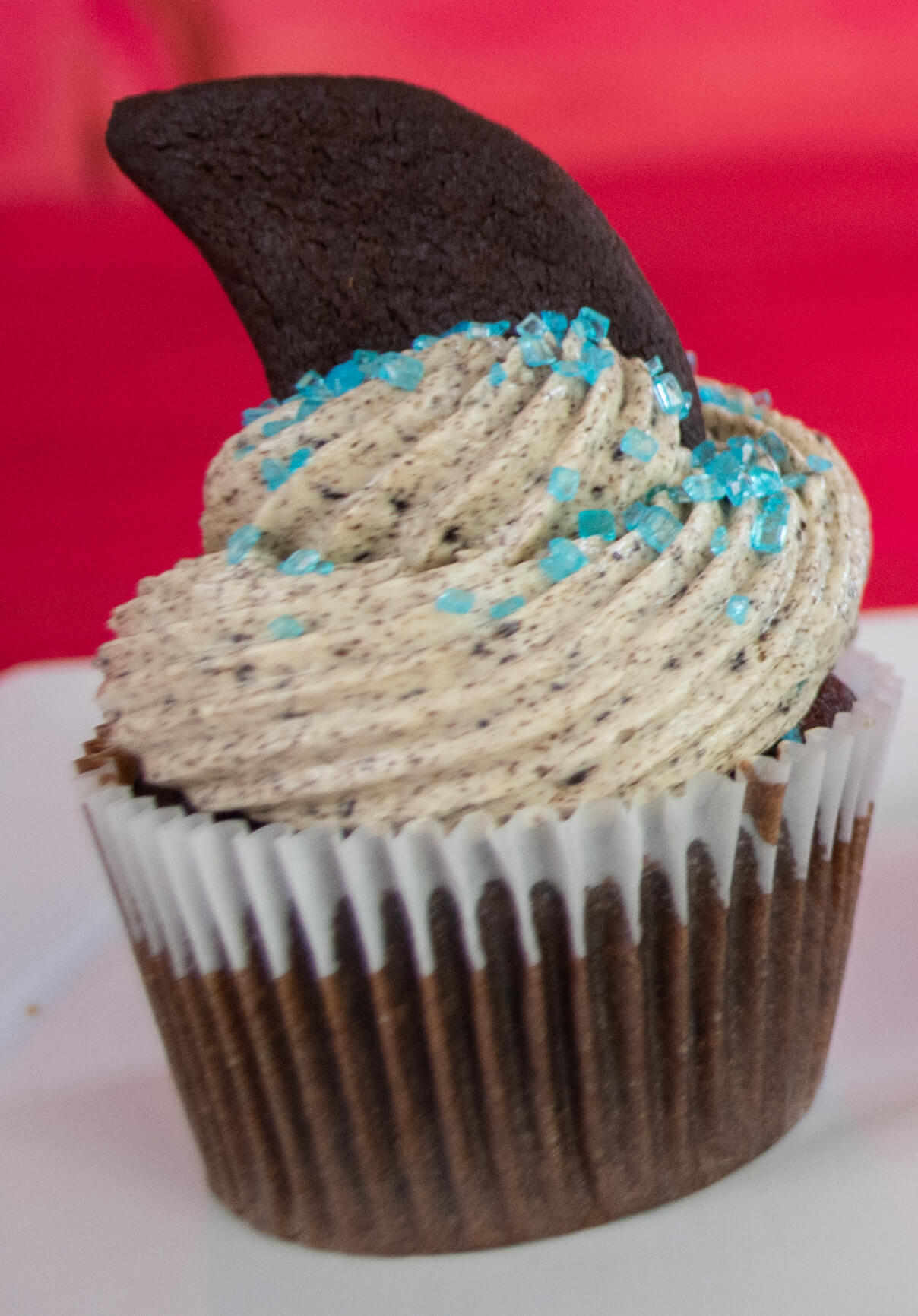 Cookies & Cream cupcake with blue sprinkles and shark fin-shaped Oreo cookie topper.