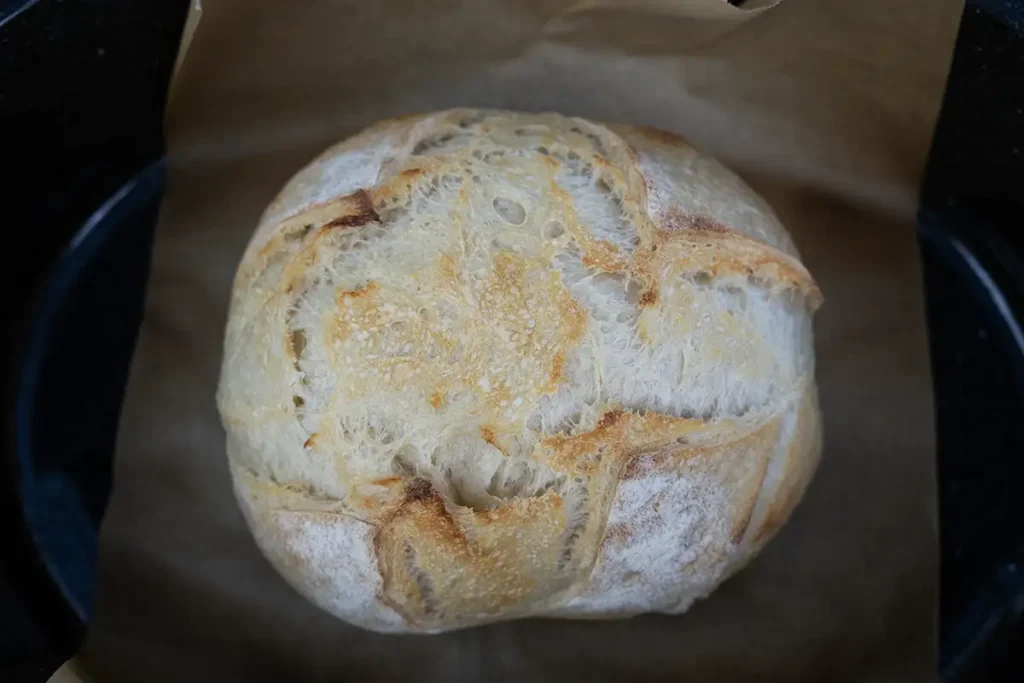 Top view of a loaf of sourdough bread baking in an enamel roasting pan.
