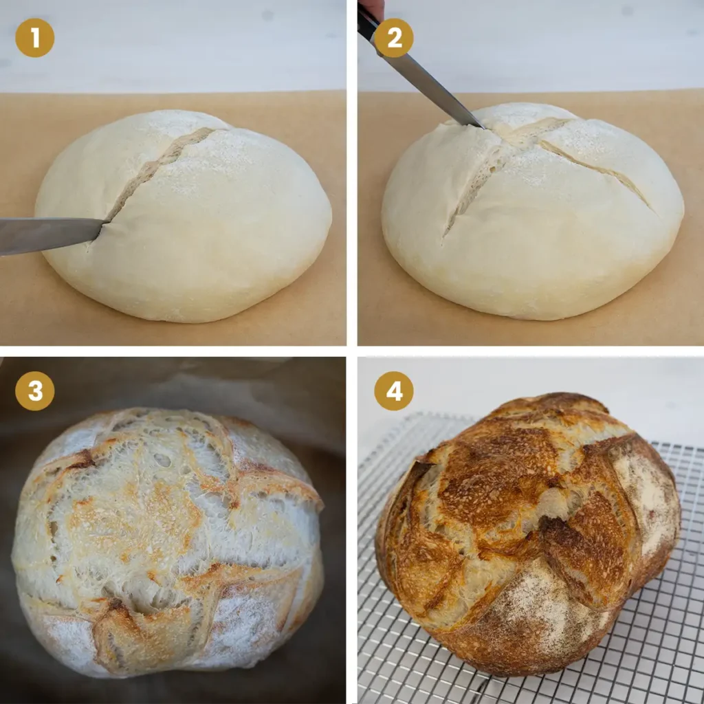 Four step-by-step photos showing how to score and bake a loaf of sourdough bread.