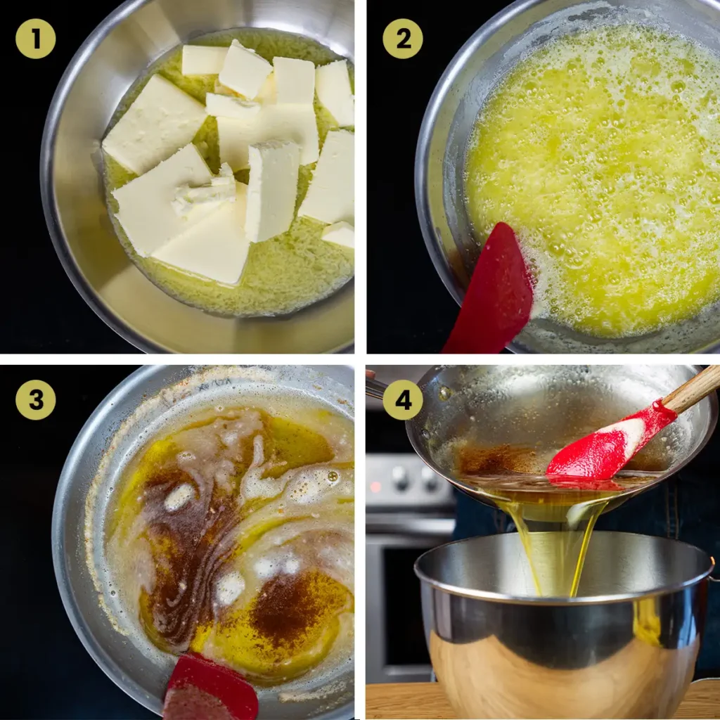 Four steps to make brown butter. Step 1: Melt butter. Step 2: Keep stirring. Step 3: Watch carefully for when it browns. Step 4: Pour it into a bowl.