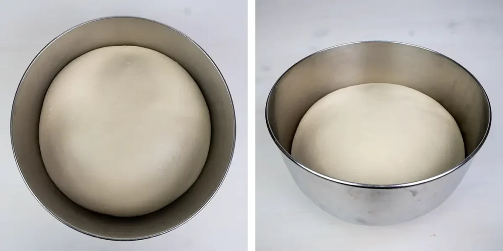 A top and front view of a bowl of sourdough at the end of bulk fermentation.