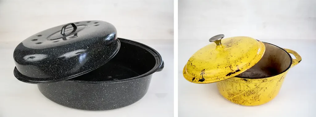 A large black enamel roasting pan and a yellow Dutch oven, both with their lids resting slightly open.