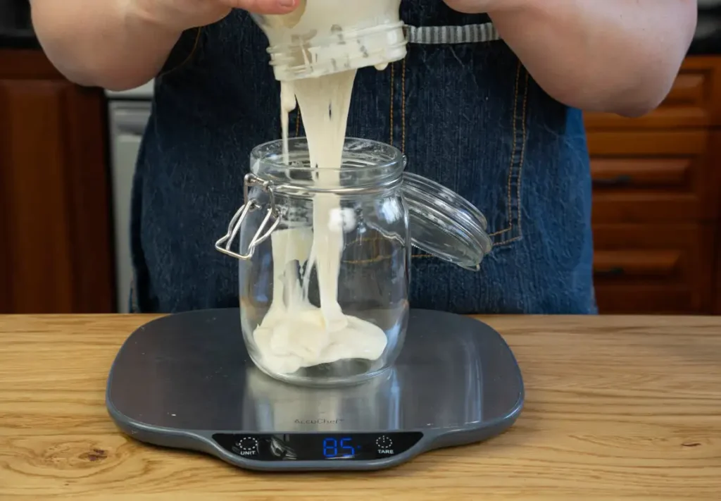 Pouring sourdough starter into a glass jar on a scale.