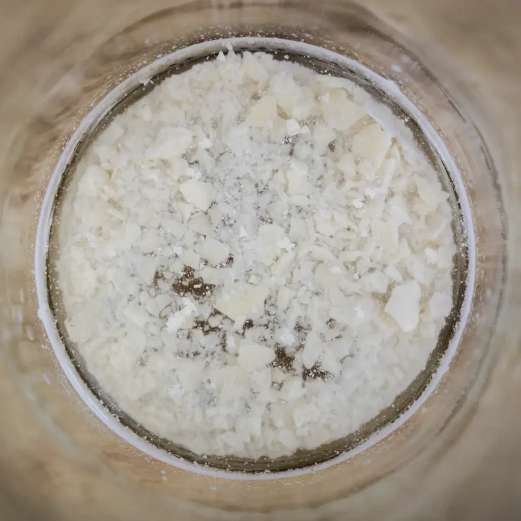 Top view of flakes of dried sourdough starter in a mason jar covered with water to be rehydrated.