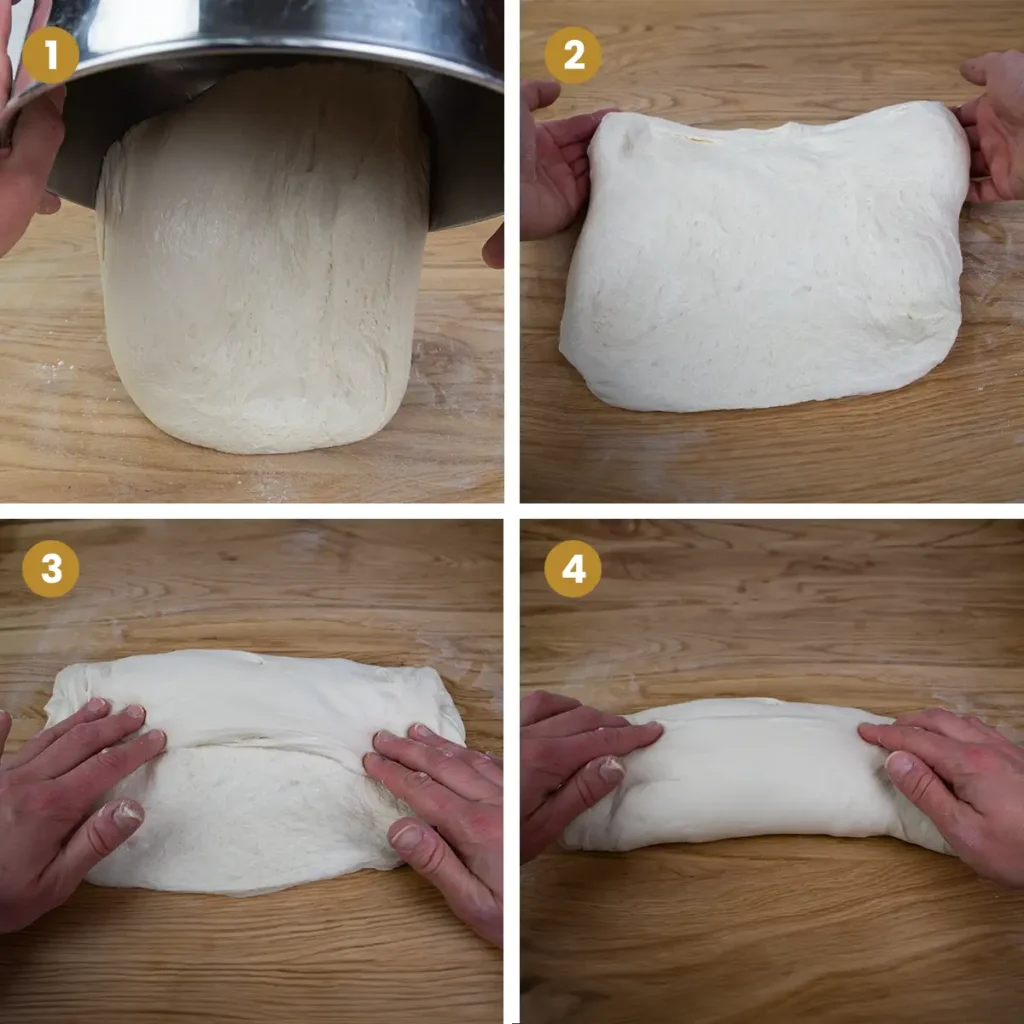 Steps 1-4 of shaping a sourdough boule. Step 1: Remove dough from the bowl. Step 2: Stretch the dough into a square. Step 3: Fold the top third down. Step 4: Fold the bottom third up.