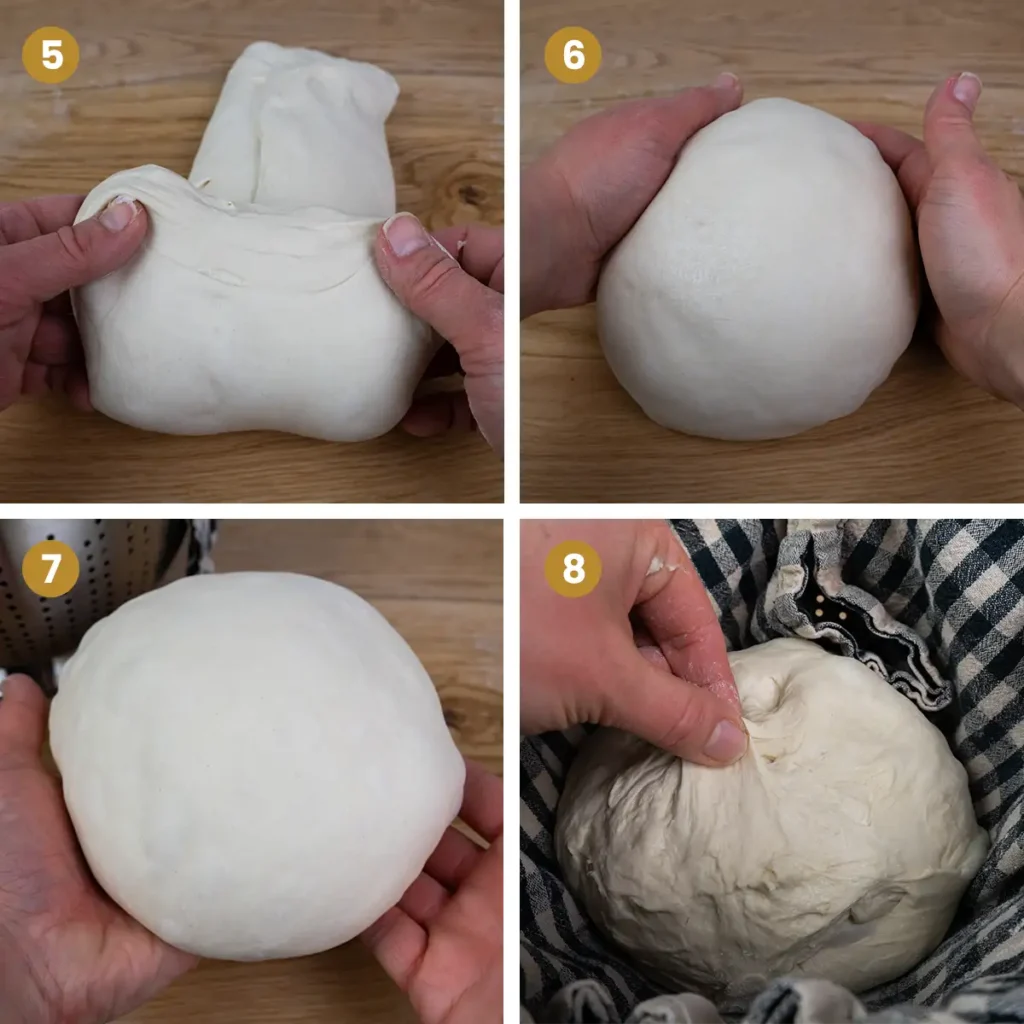 Steps 5-8 of shaping a sourdough boule. Step 5: Turn the dough so a short side is facing you, and start rolling it into a fat spiral. Step 6: Form the dough into a smooth ball. Step 7: Place the dough smooth side down in a towel-lined colander. Step 8: Pinch any openings closed.