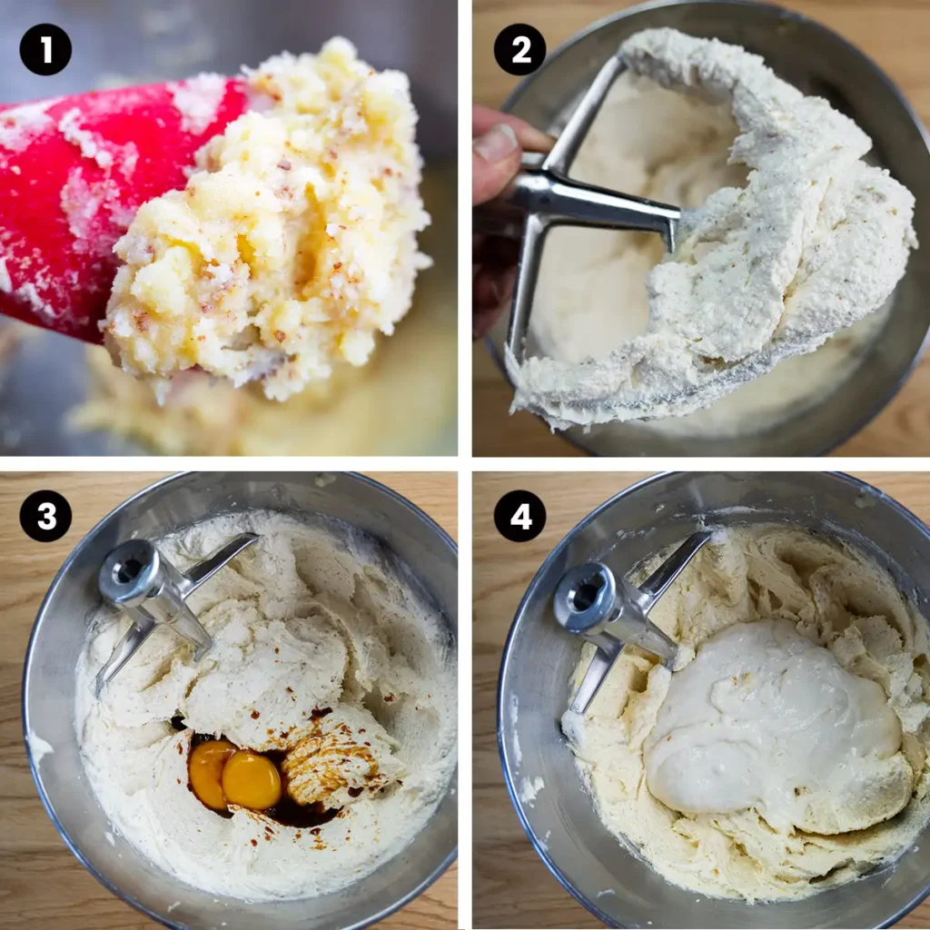 Steps 1-4 for making sourdough jam cookies. 1: Brown butter and let it solidify. 2: Cream butter and sugar until light and fluffy. 3: Add egg yolks and vanilla extract and mix. 4: Add sourdough discard and mix.