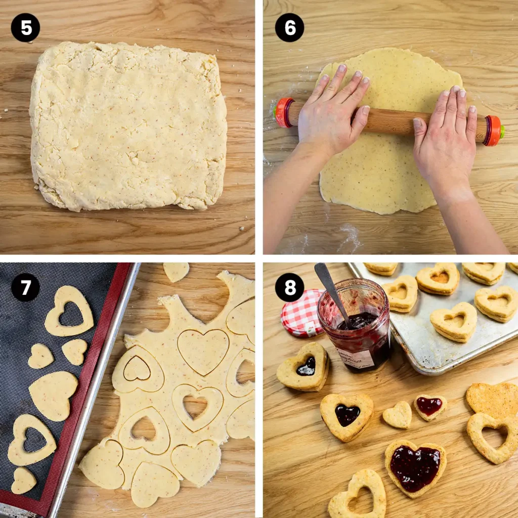Steps 5-8 to make sourdough discard jam cookies. 5: Pat dough into a rectangle, divide, wrap, and chill. 6: Roll. 7: cut out into shapes, and arrange on a baking sheet. Bake. 8: Pair similar-sized cookies and fill with jam.