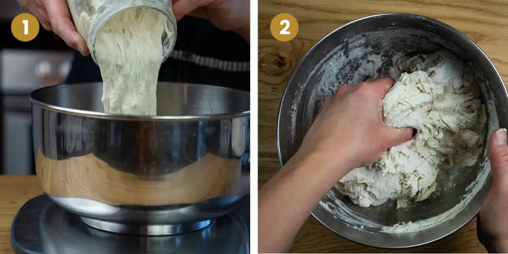 Adding sourdough starter to a mixing bowl, and mixing the dough.