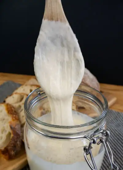 Wooden spoon lifting strands of sourdough starter out of a glass jar.