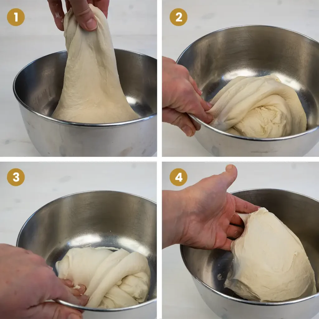 Four step-by-step photos showing how to do stretch and folds on sourdough bread.