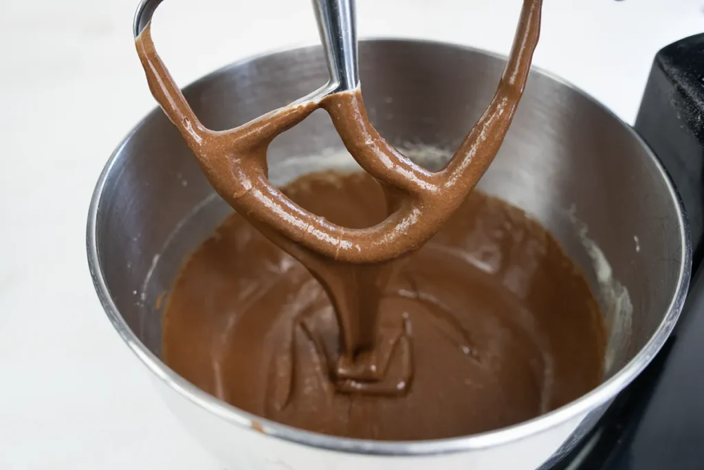 Batter for chocolate orange brownie cookies after adding the melted chocolate mixture.