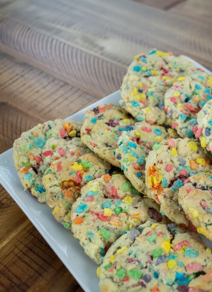 Tray of Lucky Charms cookies with Fruity Pebbles.