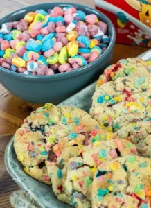 A tray of Lucky Charms Cookies with Fruity Pebbles.