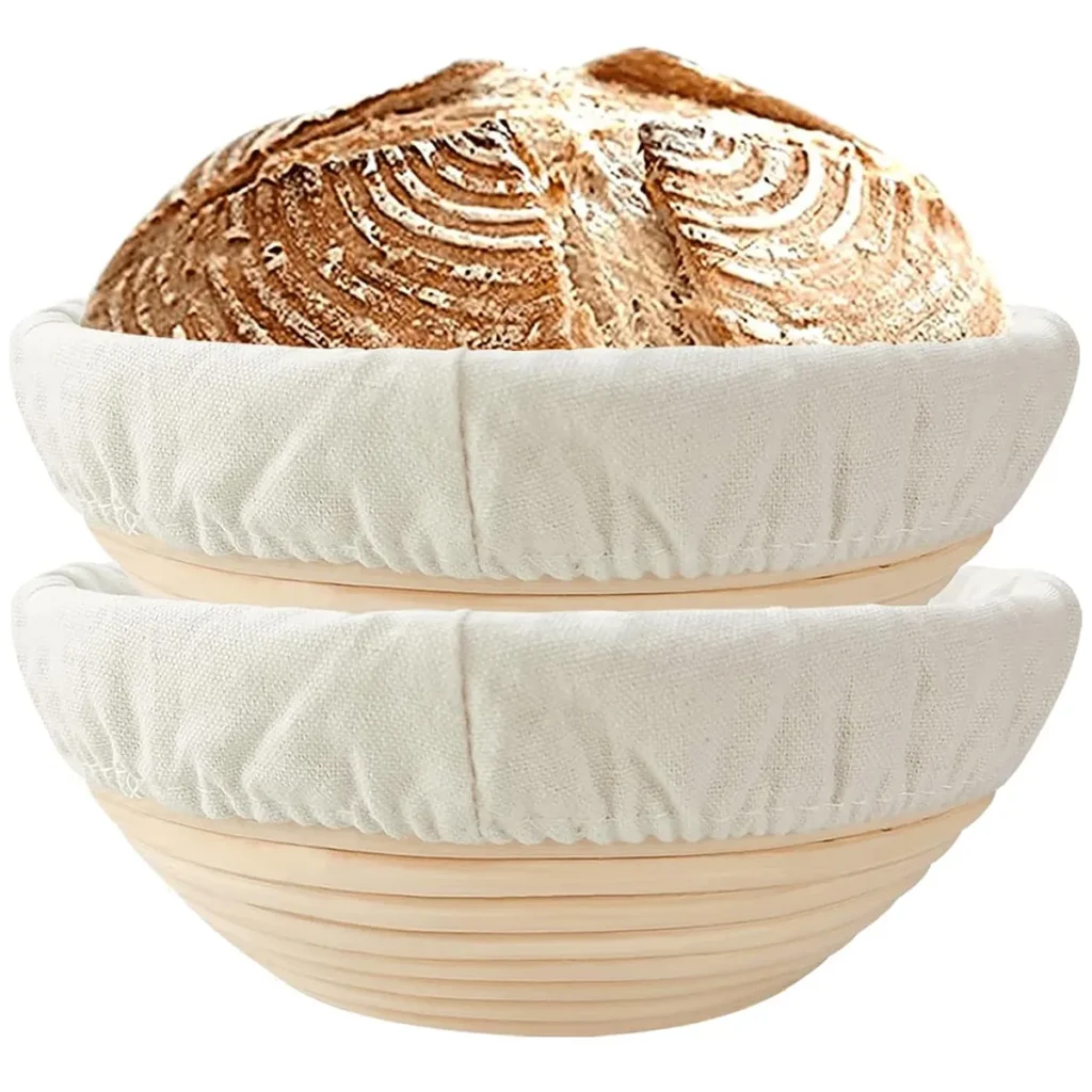 A set of 2 round bannetons for proofing sourdough bread.