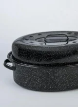 A large enamel roasting pan