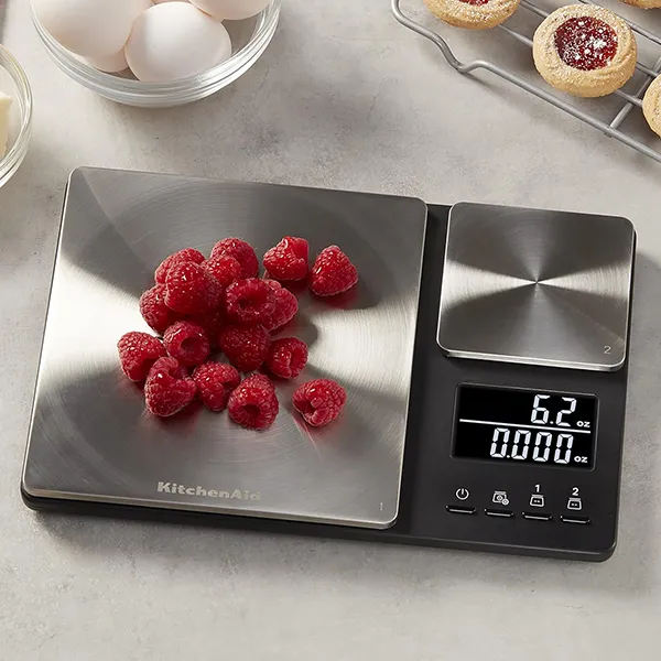 A dual-platform digital kitchen scale.