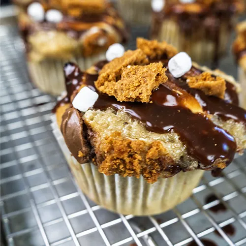 A sourdough banana s'mores muffin decorated with chocolate ganache, graham crumbs, and mini dehydrated marshmallows.