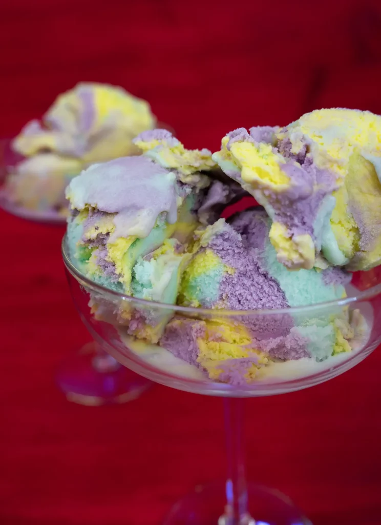 Scoops of homemade Moon Mist ice cream served in a glass.