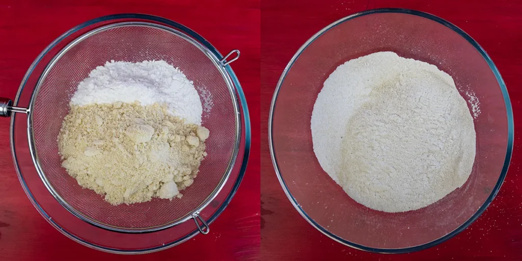 Overhead view of almond flour and powdered sugar in a sieve on the left, and sifted in a bowl on the right.