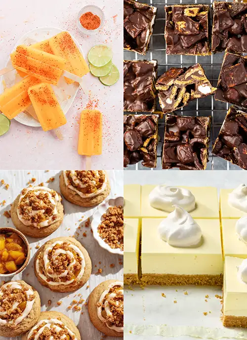 A grid of four summer desserts: Mango Tajin popsicles, S'mores bars, peach cobbler cookies, and lemon fluff bars.