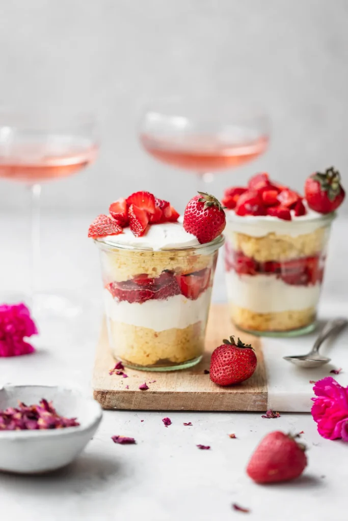 Strawberry shortcake parfaits in jars.
