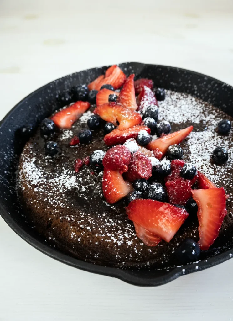 Close-up of a giant skillet pancake topped with maple syrup, fresh berries, and powdered sugar.