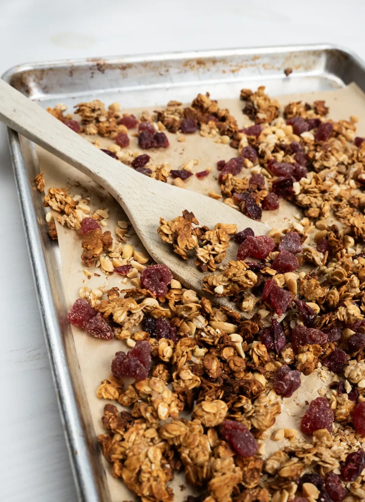 Baking sheet of sourdough peanut butter granola.