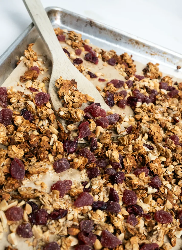 Baking sheet of sourdough peanut butter granola.