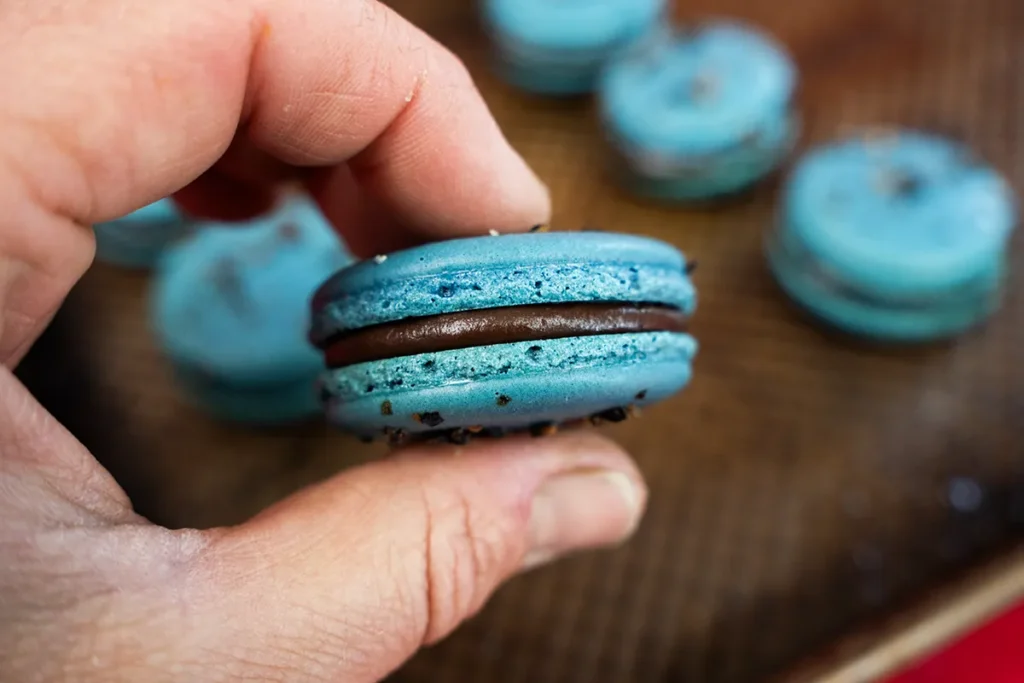 Sandwiching a blueberry macaron together.