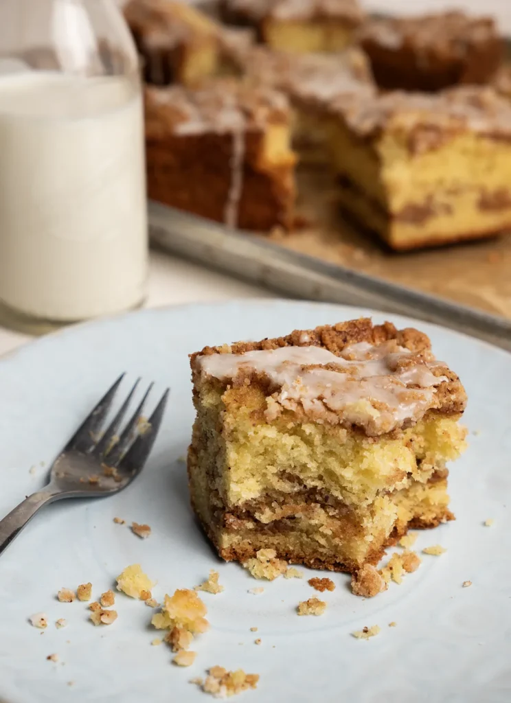 Coffee cake on a plate with a bite taken out of it, a fork, a vintage milk bottle full of milk, and a baking sheet of more coffee cake squares in the background.