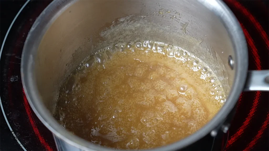 Miso caramel bubbling on the stove.
