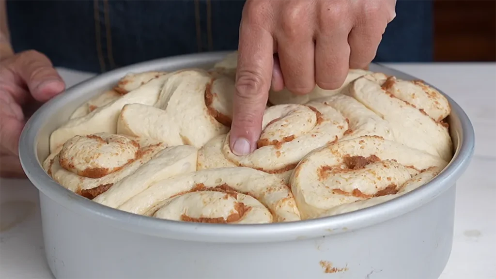 Proofed cinnamon rolls in a large cake pan.
