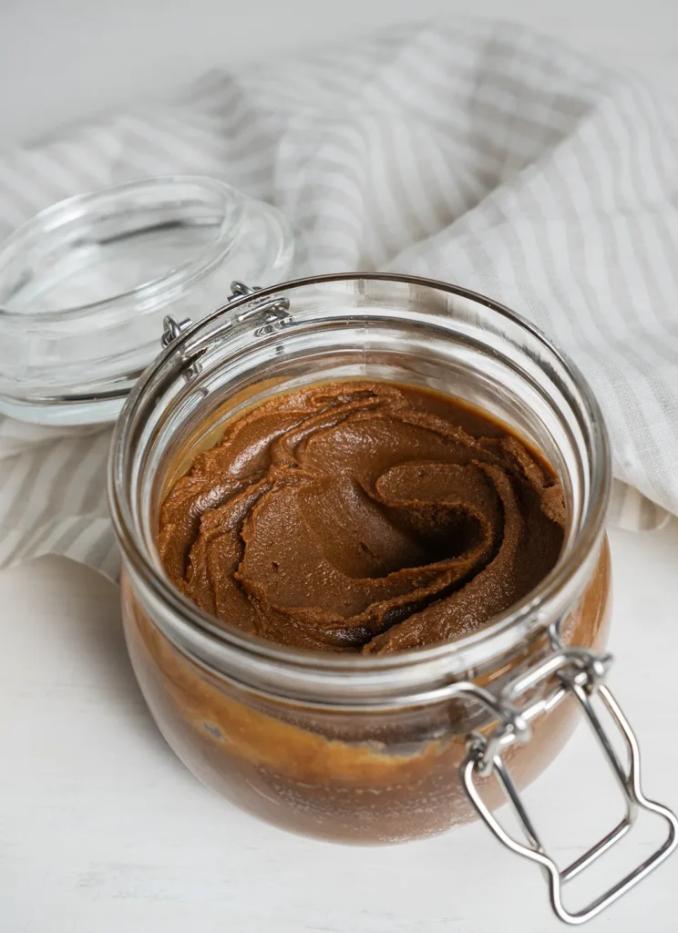 Open jar of homemade cookie butter.