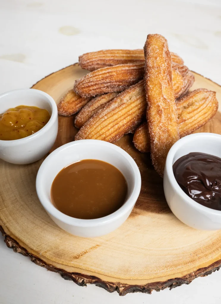 A wooden platter with a stack of sourdough churros and three dipping sauces.